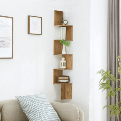 Living And Home 5 Tier Brown Zigzag Design Wooden Floating Wall Corner Shelf Bookcase - image 1