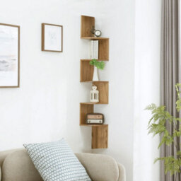 Living And Home 5 Tier Brown Zigzag Design Wooden Floating Wall Corner Shelf Bookcase - thumbnail 1