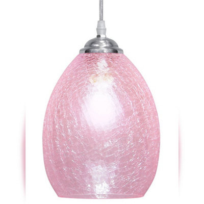 Long Life Lamps Company Retro Chrome Ceiling Pendant Light Fixture Pink Cracked Glass Oval Lamp Shade H3056 - image 1