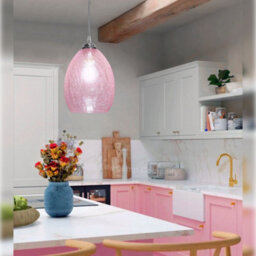Long Life Lamps Company Retro Chrome Ceiling Pendant Light Fixture Pink Cracked Glass Oval Lamp Shade H3056 - thumbnail 9