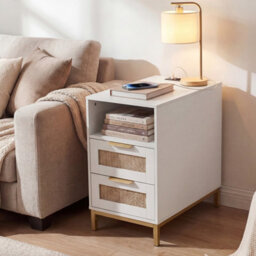 Gainoom White Bedside Table Narrow End Table With Charging Station Rattan Nightstand With Open Cubby & Back Storage - thumbnail 3