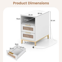 Gainoom White Bedside Table Narrow End Table With Charging Station Rattan Nightstand With Open Cubby & Back Storage - thumbnail 2