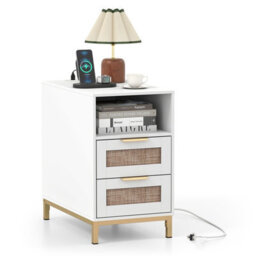 Gainoom White Bedside Table Narrow End Table With Charging Station Rattan Nightstand With Open Cubby & Back Storage - thumbnail 1