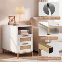 Gainoom White Bedside Table Narrow End Table With Charging Station Rattan Nightstand With Open Cubby & Back Storage - thumbnail 4