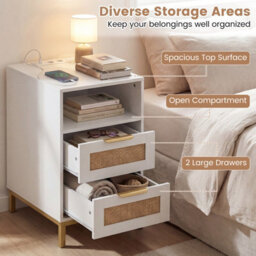 Gainoom White Bedside Table Narrow End Table With Charging Station Rattan Nightstand With Open Cubby & Back Storage - thumbnail 6