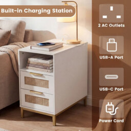 Gainoom White Bedside Table Narrow End Table With Charging Station Rattan Nightstand With Open Cubby & Back Storage - thumbnail 5