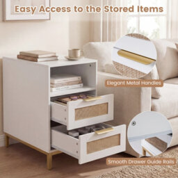 Gainoom White Bedside Table Narrow End Table With Charging Station Rattan Nightstand With Open Cubby & Back Storage - thumbnail 8