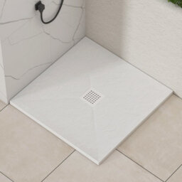 Royal Bathrooms Luxor Square White Slate Effect Stone Shower Tray 800 X 800 X 30mm With Waste & White Grate