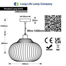 Long Life Lamps Company Oval Globe Ceiling Pendant Light Ribbed Opal Glass Lamp Shade K416 - thumbnail 2
