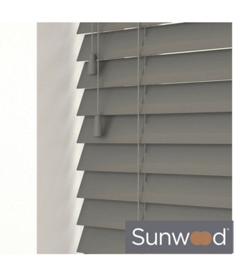110Cm Smooth Grey Faux Wood Venetian With Strings 120Cm Drop