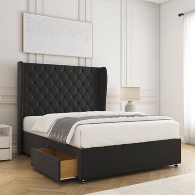 Bsspoke Amelia Divan Bed Set Black Plush Velvet With 54Inch Wingedback Headboard & 2 Drawers Footend No Mattress In All Sizes - image 1