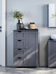 Songmics Vasagle Bathroom Floor Storage Cabinet, Wooden Storage Unit With 4 Drawers, Single Door, Adjustable Shelf, For Living Room - thumbnail 2