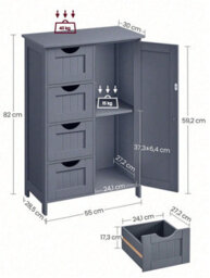 Songmics Vasagle Bathroom Floor Storage Cabinet, Wooden Storage Unit With 4 Drawers, Single Door, Adjustable Shelf, For Living Room - thumbnail 7