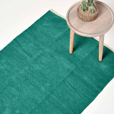 Homescapes Teal Green 100% Cotton Plain Chenille Rug With Natural Trim, 60 X 100 Cm - image 1