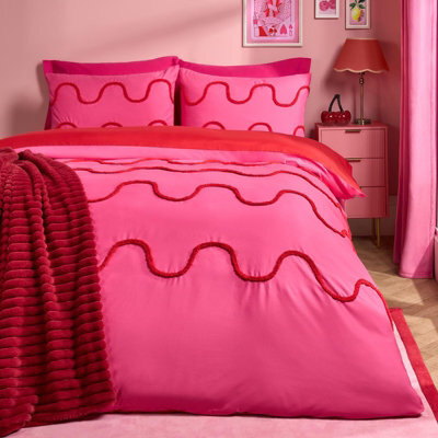Ohs Tufted Wave Bedding Set Modern Duvet Cover With Pillowcase, Hot Pink/red - Double - image 1
