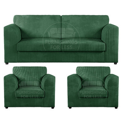 Furnishings For Less UK Luxor Jumbo Cord 3 + 1 + 1 Fabric 3 Piece Sofa Suite - Fullback Green - image 1
