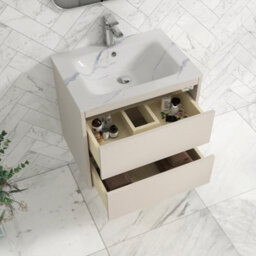 Royal Bathrooms Orion 600mm Warm Taupe 2 Drawer Wall Hung Bathroom Vanity Unit With Carrara White Basin & Chrome Accent Trim - thumbnail 4