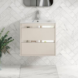 Royal Bathrooms Orion 600mm Warm Taupe 2 Drawer Wall Hung Bathroom Vanity Unit With Carrara White Basin & Chrome Accent Trim