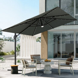 Thehotsale 3M Cantilever Parasol With Lights Umbrella With 360 Degree Rotation And Cross Base