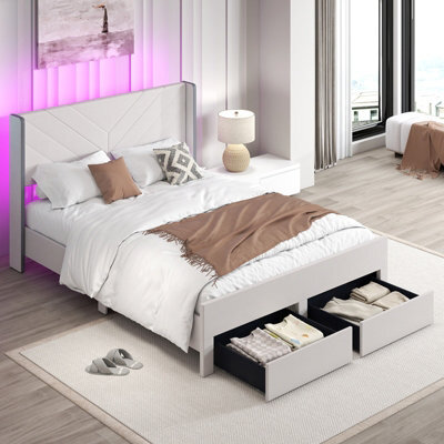 Costway King Size Bed Frame With Led Lights Dutch Velvet Bed With 2 Storage Drawers-Beige - image 1