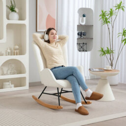 Homcom Upholstered Velvet Rocking Chair With Solid Wood Legs, Cream - thumbnail 8