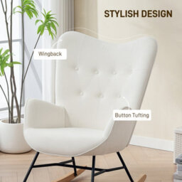 Homcom Upholstered Velvet Rocking Chair With Solid Wood Legs, Cream - thumbnail 6