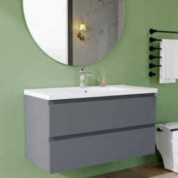 AVER-GROWTH 1000mm Wall Hung Vanity Unit With Basin Matt Grey Ceramic Sink Bathroom Wall Mounted Storage Cabinet Large 2 Drawers - thumbnail 2