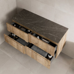 Aveli 1200mm Oak Grey Marble Vanity Unit Double Wall Hung Fluted No Basin Soft Close