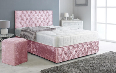 Adore Designs Adore Living Chesterfield Crushed Velvet Divan Bed With Orthopaedic Mattress And Square Stool In Pink