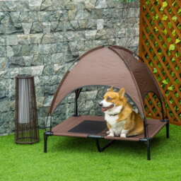 Pawhut 92Cm Elevated Dog Bed Cooling Raised Pet Cot Uv Protection Canopy Brown