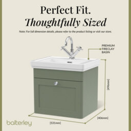 Balterley Swynnerton Traditional Bathroom Wall Hung 1-Drawer Vanity Unit & Fireclay Basin, Satin Green, 500mm - thumbnail 5