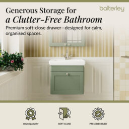 Balterley Swynnerton Traditional Bathroom Wall Hung 1-Drawer Vanity Unit & Fireclay Basin, Satin Green, 500mm - thumbnail 3