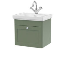 Balterley Swynnerton Traditional Bathroom Wall Hung 1-Drawer Vanity Unit & Fireclay Basin, Satin Green, 500mm - thumbnail 1