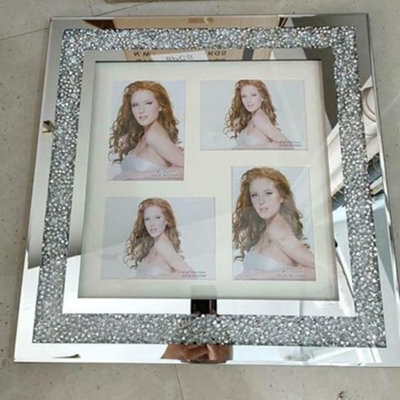 Biznest Diamond Crushed Crystal Sparkly Silver Mirrored 4 Picture Wall Hung Photo Frame