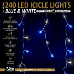 NETTA 240 Led Icicle Lights 7.5M Indoor/outdoor Christmas Lights With White Cable - Blue & Cool White - thumbnail 2