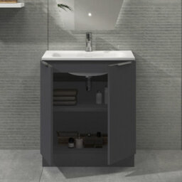 Royal Bathrooms Evora 700mm Graphite Grey Fluted Floor Standing Bathroom Vanity Unit 2 Door Cabinet Storage With Stone Basin Sink - 1 Tap Hole - thumbnail 3