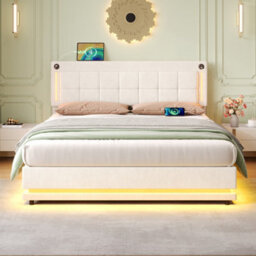 Btm 5Ft King Led Hydraulic Bed Beige Velvet Frame With Usb Type C Ports And Adjustable Headboard - thumbnail 3