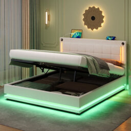 Btm 5Ft King Led Hydraulic Bed Beige Velvet Frame With Usb Type C Ports And Adjustable Headboard - thumbnail 2