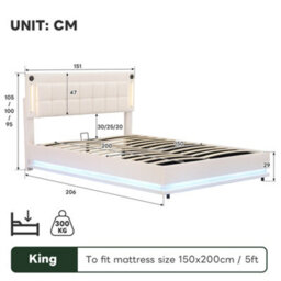 Btm 5Ft King Led Hydraulic Bed Beige Velvet Frame With Usb Type C Ports And Adjustable Headboard - thumbnail 9