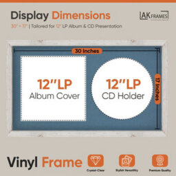 "30X17"" White Rustic Modern Vinyl Record Frame With Pompadour Mount For 12 Inch Lp Album Cover & Disc - Ak Frames" - thumbnail 2