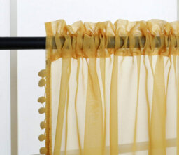 "Curtains at Home 1 Pair Pom Pom Slot Top Voile Curtain Panels - Mustard 48"" Drop" - thumbnail 3