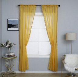 "Curtains at Home 1 Pair Pom Pom Slot Top Voile Curtain Panels - Mustard 48"" Drop" - thumbnail 2
