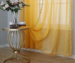 "Curtains at Home 1 Pair Pom Pom Slot Top Voile Curtain Panels - Mustard 48"" Drop" - thumbnail 1