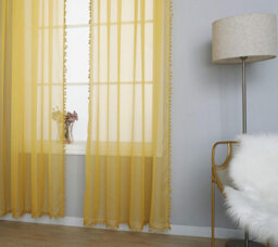 "Curtains at Home 1 Pair Pom Pom Slot Top Voile Curtain Panels - Mustard 48"" Drop" - thumbnail 7