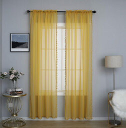 "Curtains at Home 1 Pair Pom Pom Slot Top Voile Curtain Panels - Mustard 48"" Drop" - thumbnail 4