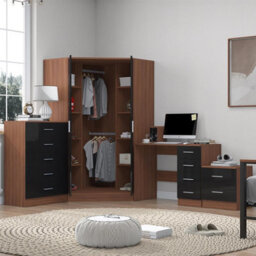 Reflect 2 Door Corner Wardrobe, 5 Drawer Chest, 2 Drawer Bedside & Desk - Black Gloss & Walnut - Bedroom Furniture Set - thumbnail 2