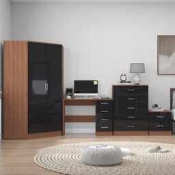 Reflect 2 Door Corner Wardrobe, 5 Drawer Chest, 2 Drawer Bedside & Desk - Black Gloss & Walnut - Bedroom Furniture Set - thumbnail 3