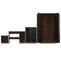 Reflect 2 Door Corner Wardrobe, 5 Drawer Chest, 2 Drawer Bedside & Desk - Black Gloss & Walnut - Bedroom Furniture Set - thumbnail 6