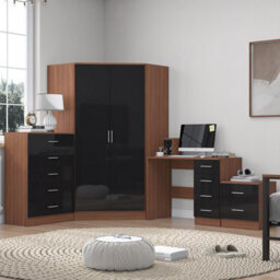 Reflect 2 Door Corner Wardrobe, 5 Drawer Chest, 2 Drawer Bedside & Desk - Black Gloss & Walnut - Bedroom Furniture Set - thumbnail 1