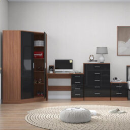 Reflect 2 Door Corner Wardrobe, 5 Drawer Chest, 2 Drawer Bedside & Desk - Black Gloss & Walnut - Bedroom Furniture Set - thumbnail 4